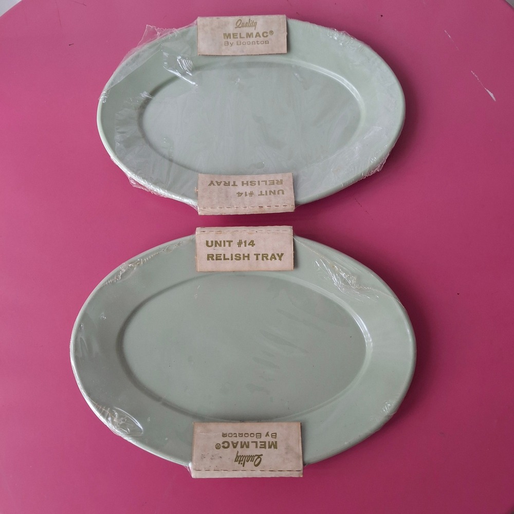 Vintage Melmac Boonton Relish Tray Small Platter Set 2 Sage Green MCM Melamine